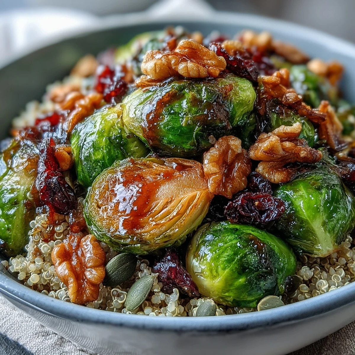 A close-up of caramelized Brussels sprouts and onions in a Roasted Brussels Sprouts Bowl, topped with walnuts and cranberries.