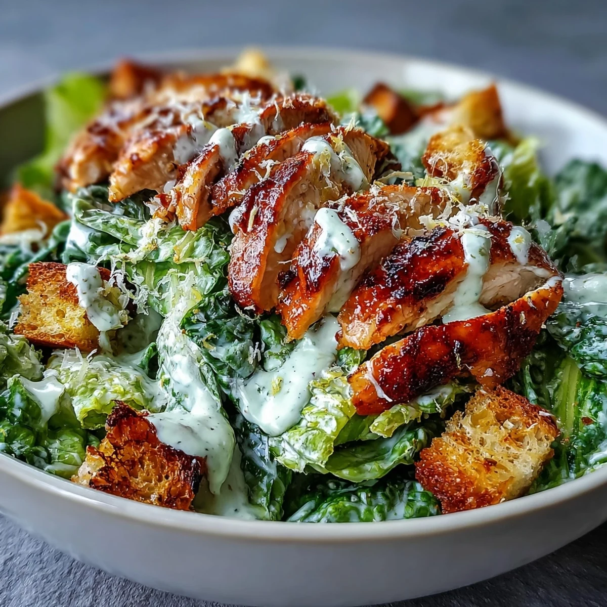 Tossing a crisp Romaine Caesar Bowl with homemade croutons, Parmesan, and drizzled Caesar dressing for a hearty meal.