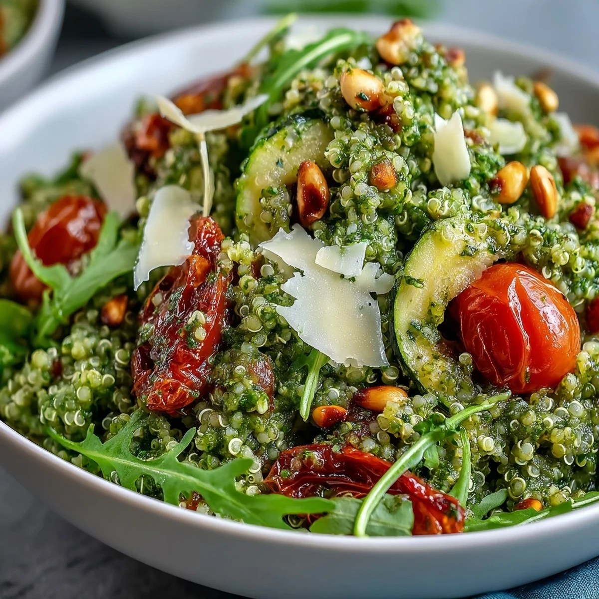 Hearty Arugula Pesto Bowl ready to serve, featuring vibrant roasted red peppers and toasted pine nuts on fresh greens.