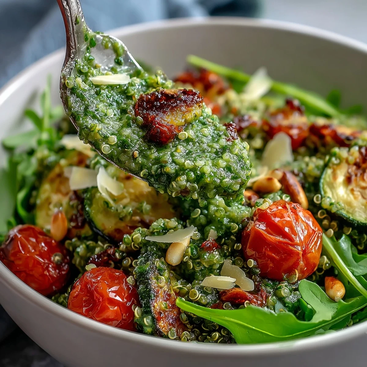 Colorful Arugula Pesto Bowl tossed in zesty homemade pesto, garnished with grated Parmesan and a lemon wedge.