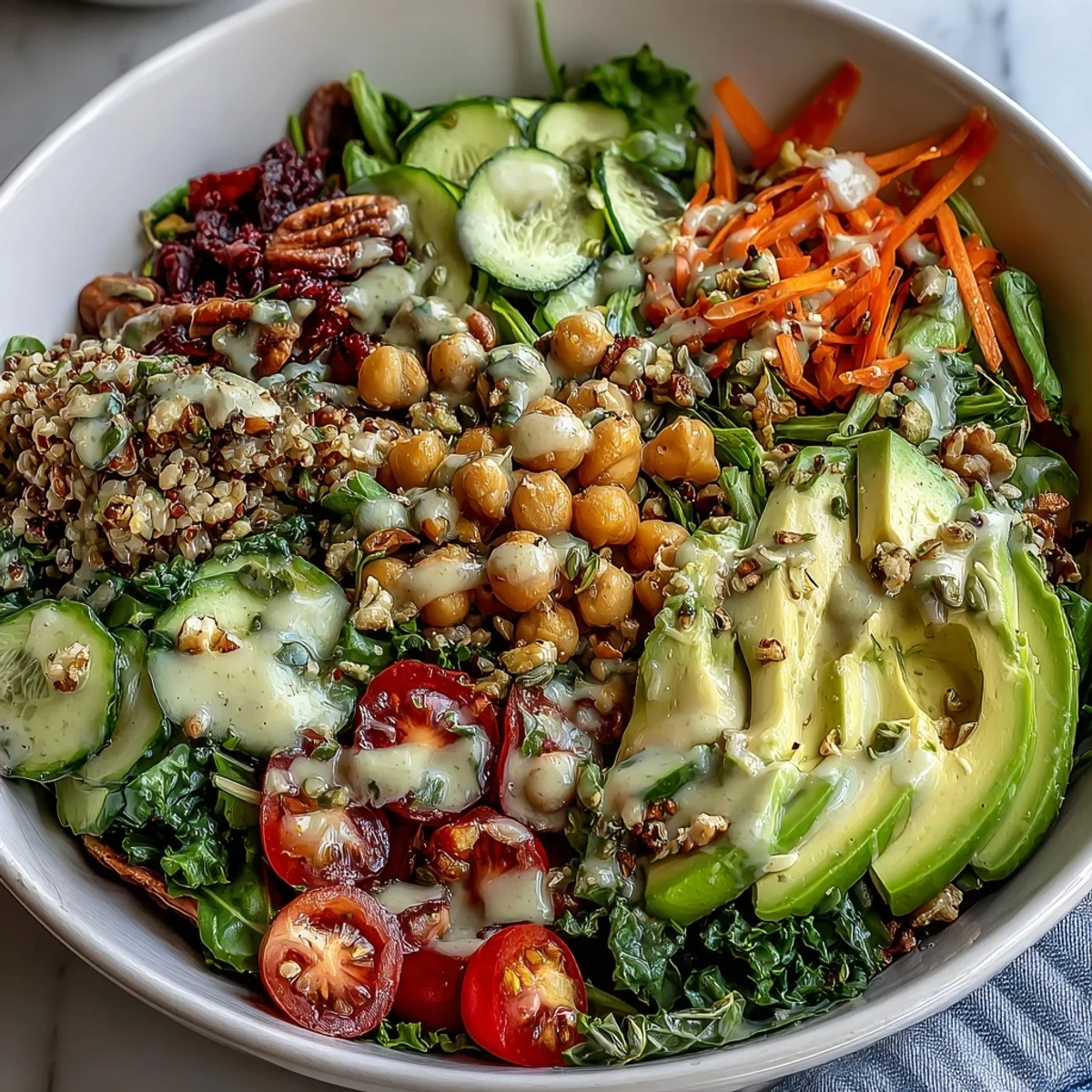Mixed Greens Power Bowl with fresh spinach, arugula, avocado, cherry tomatoes, and crunchy toasted walnuts.