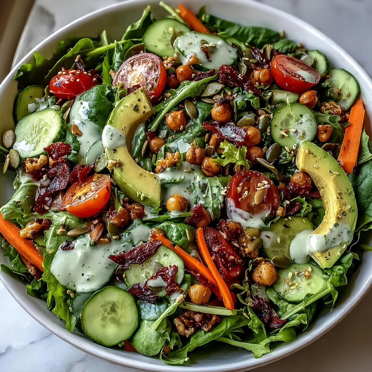 Gluten-free Mixed Greens Power Bowl topped with chickpeas, cucumbers, and red bell peppers for lunch.