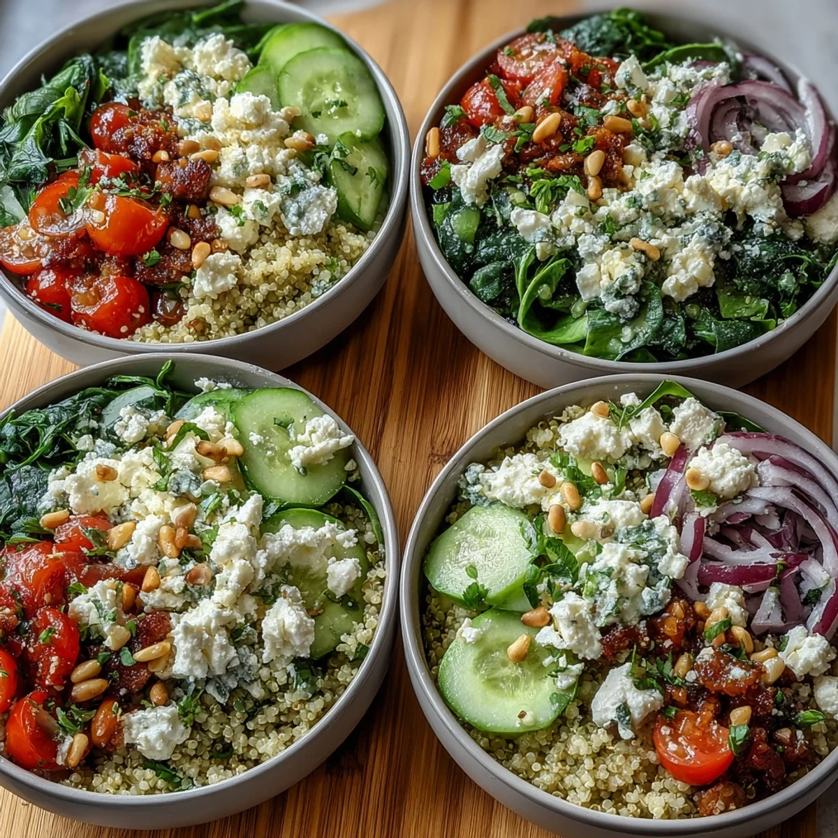 A vibrant Spinach and Feta Grain Bowl topped with crumbled feta and toasted pine nuts.