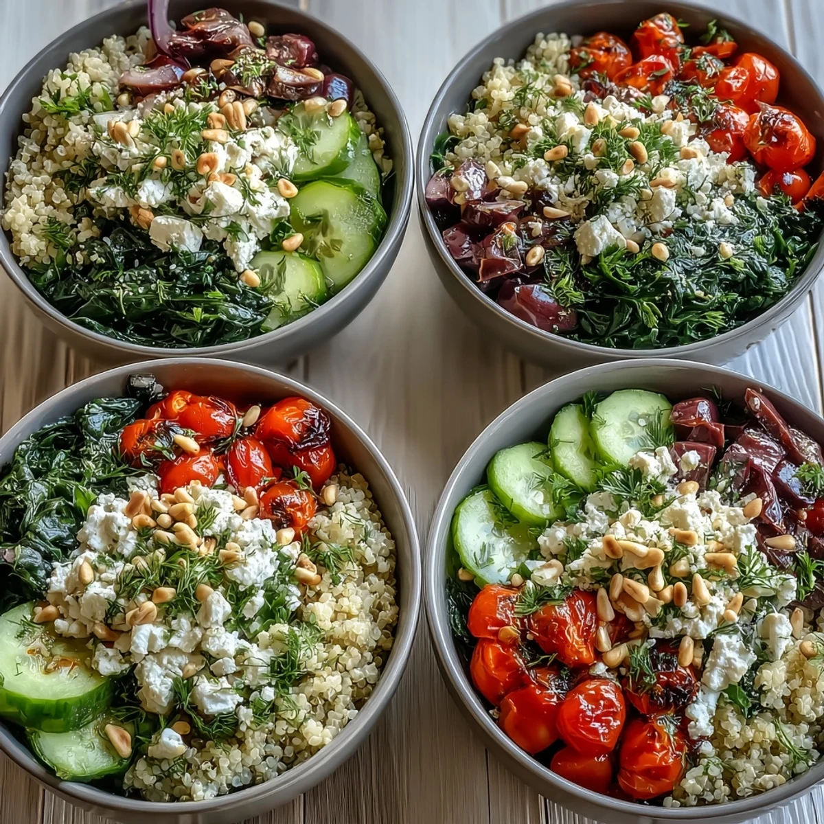 Spoon into a fresh Spinach and Feta Grain Bowl featuring sautéed spinach, tomatoes, and cucumber.