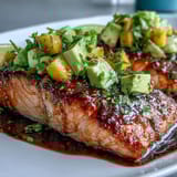 Oven-baked salmon fillets topped with vibrant mango and avocado salsa, perfect for a healthy summer dinner.  