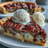 Glistening chocolate bourbon pecan tart slice reveals gooey center, studded with toasted pecans and hints of Kentucky bourbon.