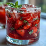 Bright Strawberry Basil Lemonade Pitcher brimming with fresh fruit and herbs.