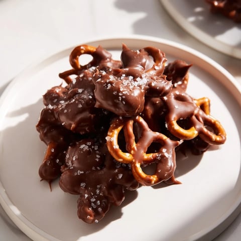 Gooey caramel and chocolate embrace pretzel candy clusters, a delightful sweet-salty dessert easy to make.