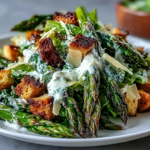 Bright roasted asparagus Caesar salad topped with golden croutons and Parmesan.