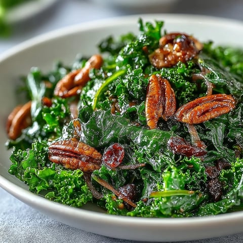 Warm kale salad with maple mustard dressing, topped with toasted pecans, dried cranberries, and crumbled feta on a rustic plate.  