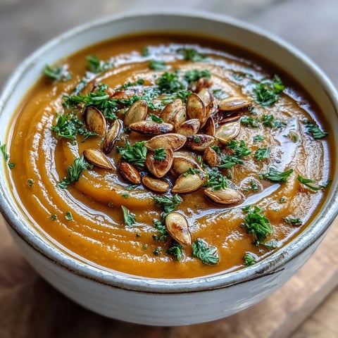 A bowl of golden Butternut Squash Soup garnished with fresh parsley and toasted pumpkin seeds, steaming warmly.