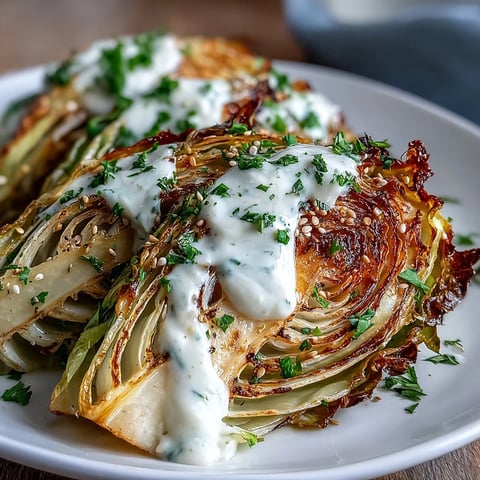 Golden-brown roasted cabbage wedges on a baking sheet, drizzled with creamy tahini sauce and sprinkled with fresh parsley.