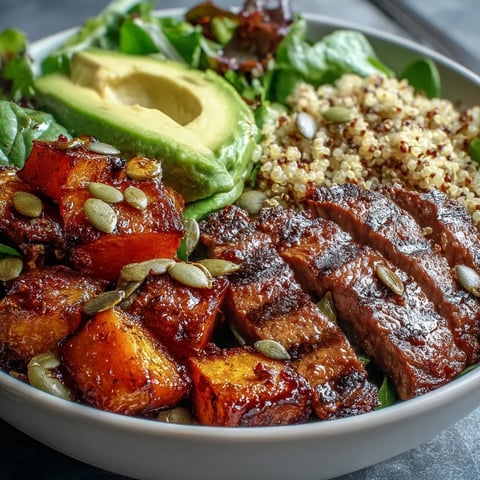 Butternut squash steak bowls feature caramelized squash, smoky steak, avocado, and pepitas on fluffy quinoa.