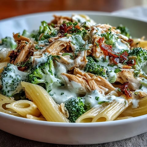 Creamy High Protein Rotisserie Chicken Broccoli Pasta features tender chicken, bright broccoli, and a garlic-lemon yogurt sauce in a skillet.