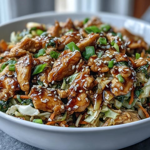 Golden brown chicken, cabbage, and carrots in Egg Roll Bowls with Chicken and Cabbage, garnished with sesame seeds and scallions.