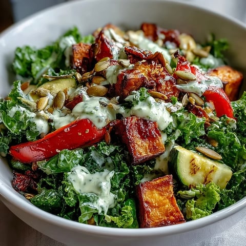 Vibrant Kale Salad Bowl with golden roasted sweet potatoes, red peppers, and zucchini in a creamy tahini dressing.