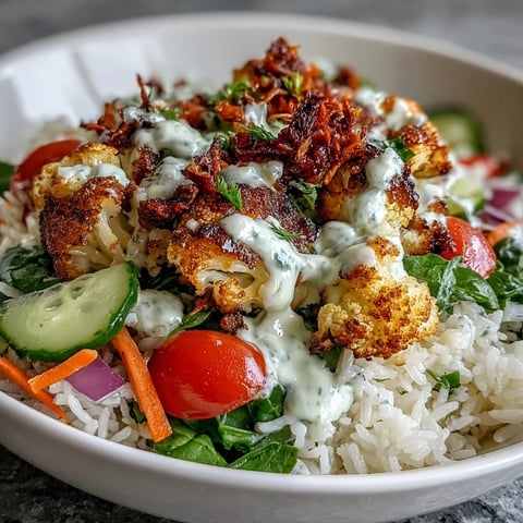 Roasted Cauliflower Bowl with golden florets, fluffy rice, and fresh vegetables, drizzled with creamy tahini sauce.