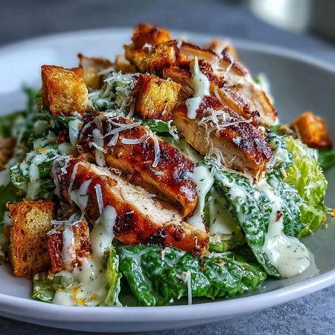 A fresh Romaine Caesar Bowl topped with grilled chicken, golden croutons, and shaved Parmesan on a marble table.