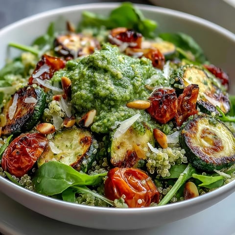 Freshly made Arugula Pesto Bowl with fluffy quinoa, roasted zucchini, and cherry tomatoes topped with shaved Parmesan.