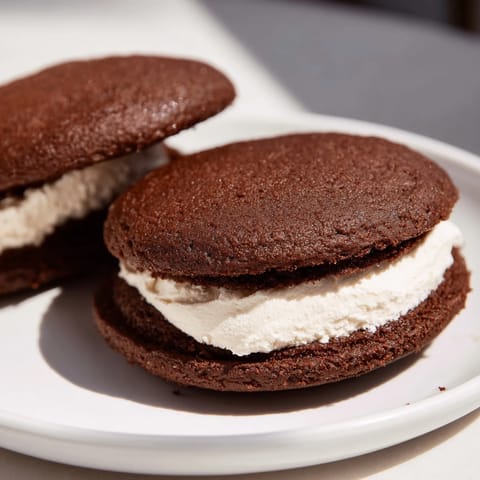 Perfectly round Whoopie Pies, soft chocolate cakes sandwiching fluffy white vanilla cream filling.