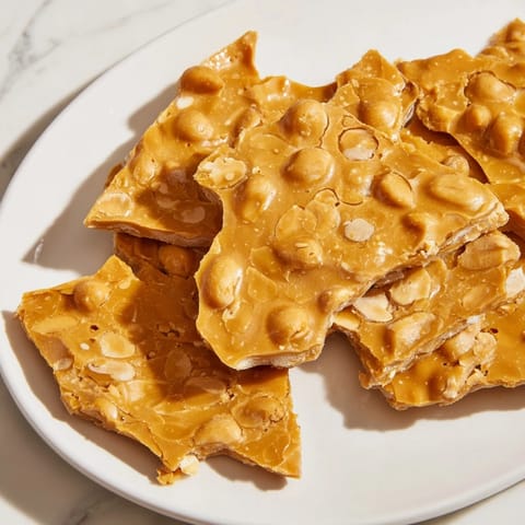 Close-up shot shows the perfect texture of finished peanut brittle candy, ready to break and enjoy.
