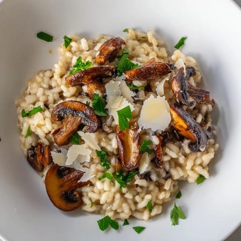 Golden roasted mushrooms and creamy Arborio rice in a bowl of savory vegetarian risotto, ready to serve.