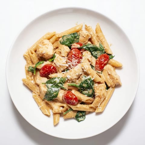 Steaming Greek Yogurt Chicken Pasta served in a rustic skillet, with wilted spinach, halved cherry tomatoes, and a sprinkle of Parmesan.