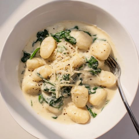 Tender potato gnocchi swimming in garlicky cream sauce, garnished with parmesan and black pepper on a rustic plate.