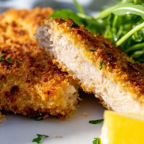 Crispy Parmesan Chicken Cutlet Bowl featuring golden-brown breaded chicken, white rice, and a bright squeeze of lemon.  