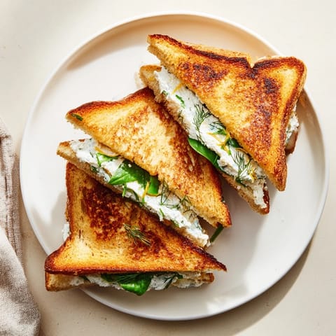 Golden-brown grilled cheese sandwiches with whipped feta, dill, and lemon zest on toasted sourdough.