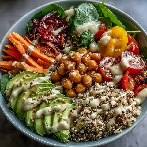 A vibrant Rainbow Buddha Bowl With Quinoa topped with colorful veggies, creamy avocado, and a drizzle of tahini dressing on a white bowl.