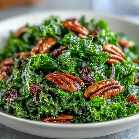 Vibrant green massaged kale tossed in a warm, glossy maple-mustard glaze with sweet cranberries and crunchy nuts.  