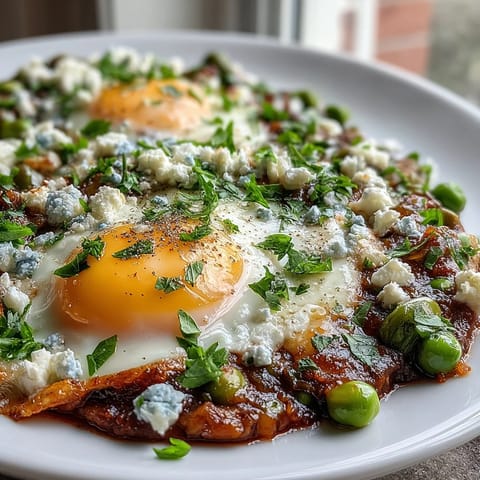 Colorful Pea and Broad Bean Shakshuka served in a rustic cast-iron pan, garnished with fresh mint and crumbled feta for a spring-inspired meal.  