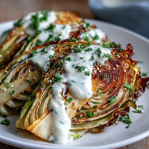 Golden-brown roasted cabbage wedges on a baking sheet, drizzled with creamy tahini sauce and sprinkled with fresh parsley.