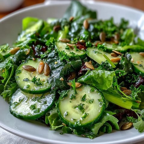 Sliced bell pepper and zucchini add crunch to this refreshing Glowing Green Salad, served in a white bowl.  