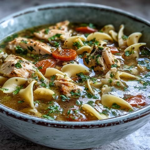 A bowl of homemade Chicken Noodle Soup, garnished with parsley, paired with crusty bread.