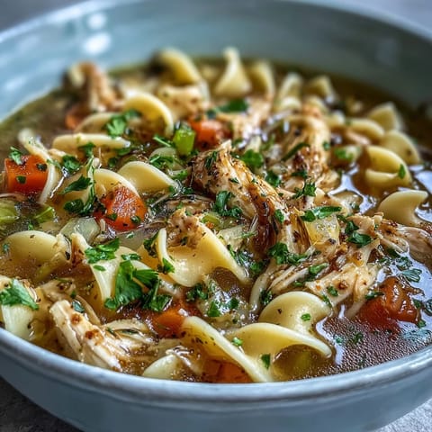 Close-up of steaming Chicken and Noodle Soup in a white bowl with fresh parsley garnish.