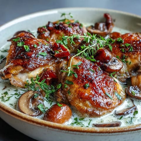 Tender braised Coq au Vin Rosé is garnished with fresh parsley and served alongside buttered potatoes.