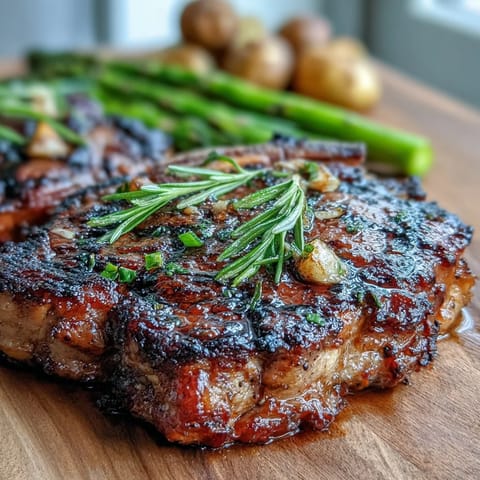 Sizzling Grilled Bone-In Rib Eye resting on a platter with asparagus, garlic, and rosemary sprigs for aroma.
