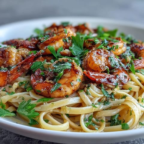 Golden Shrimp Scampi With Linguine glistens in a white bowl, featuring plump pink shrimp and glossy garlic butter sauce. Fresh parsley garnish and lemon wedges add vibrant color.
