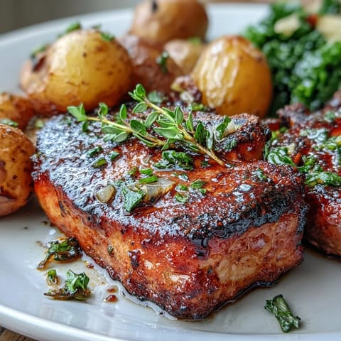 Juicy pork chops marinated with smoky pimentón and Aleppo pepper roasted with crispy potatoes and greens.