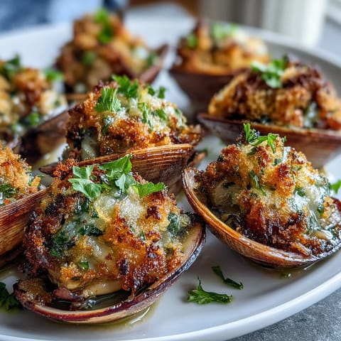 Four golden roasted clams topped with lemony panko, arranged beside bright lemon wedges.
