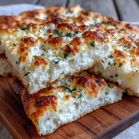 Freshly cooked fluffy cottage cheese flatbread bubbles in a skillet, releasing savory garlic and herb aromas with a tender crumb.