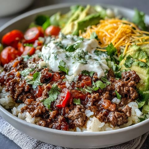 Taco-spiced ground beef sizzles beside cauliflower rice in a Low Carb Burrito Bowl, topped with cheddar and fresh cilantro.