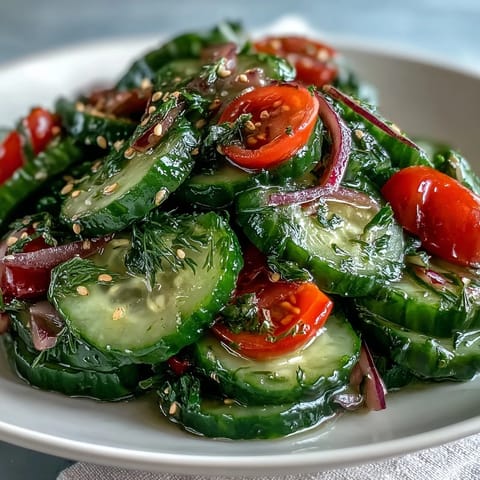 Chilled Refreshing Crunchy Cucumber Salad tossed with crisp vegetables and herbs, topped with toasted sesame seeds and a light vinegar glaze.