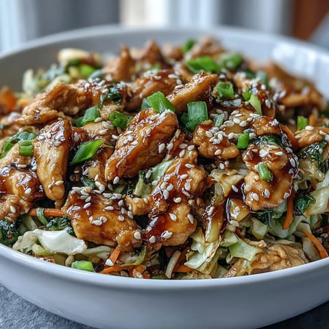 Golden brown chicken, cabbage, and carrots in Egg Roll Bowls with Chicken and Cabbage, garnished with sesame seeds and scallions.
