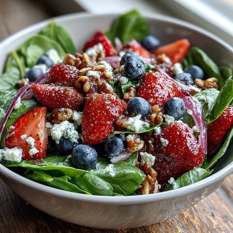 Fresh baby spinach and mixed berries tossed with creamy goat cheese and toasted walnuts in a vibrant salad bowl.