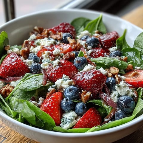 Spinach and Berry Salad Bowl with bright berries, crumbled goat cheese, and crunchy walnuts ready for a light lunch.