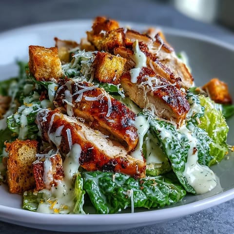 A fresh Romaine Caesar Bowl topped with grilled chicken, golden croutons, and shaved Parmesan on a marble table.