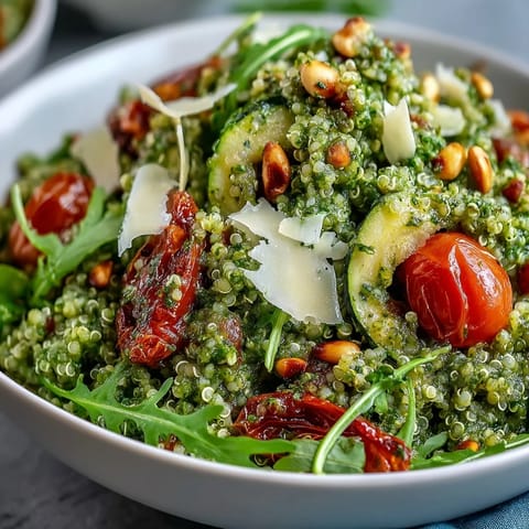 Hearty Arugula Pesto Bowl ready to serve, featuring vibrant roasted red peppers and toasted pine nuts on fresh greens.